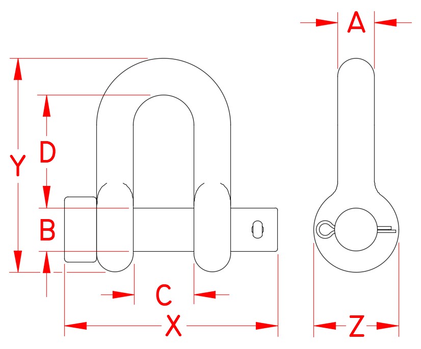 Stainless Steel US Round Pin Chain Shackle, S0115-RP07-US, S0115-RP08-US, S0115-RP10-US, S0115-RP12-US, S0115-RP13-US, S0115-RP16-US, S0115-RP20-US, S0115-RP22-US, S0115-RP25-US, Line Drawing